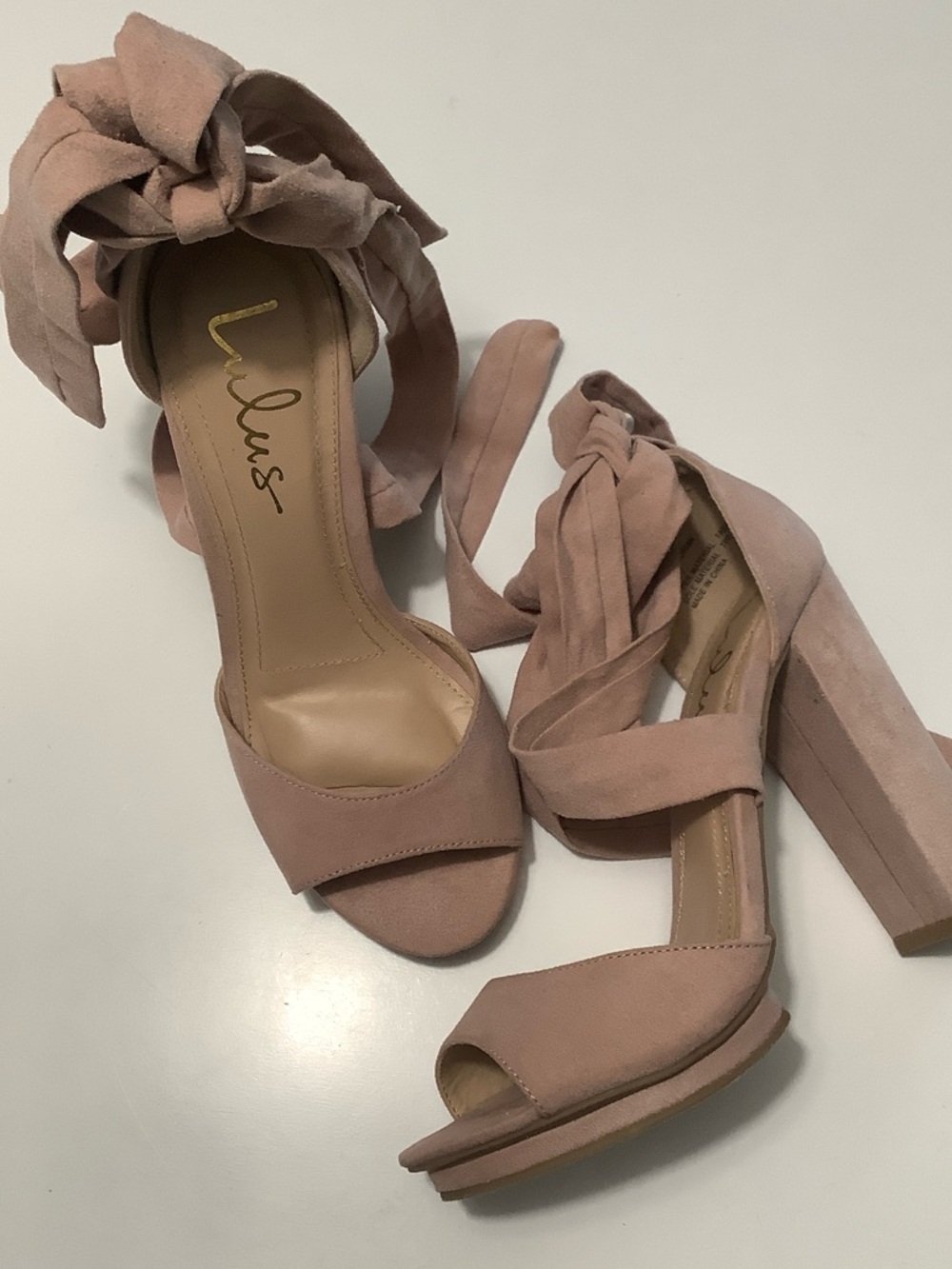 Lulu's Dusty Pink Suede Wrap Block Heel Sandals